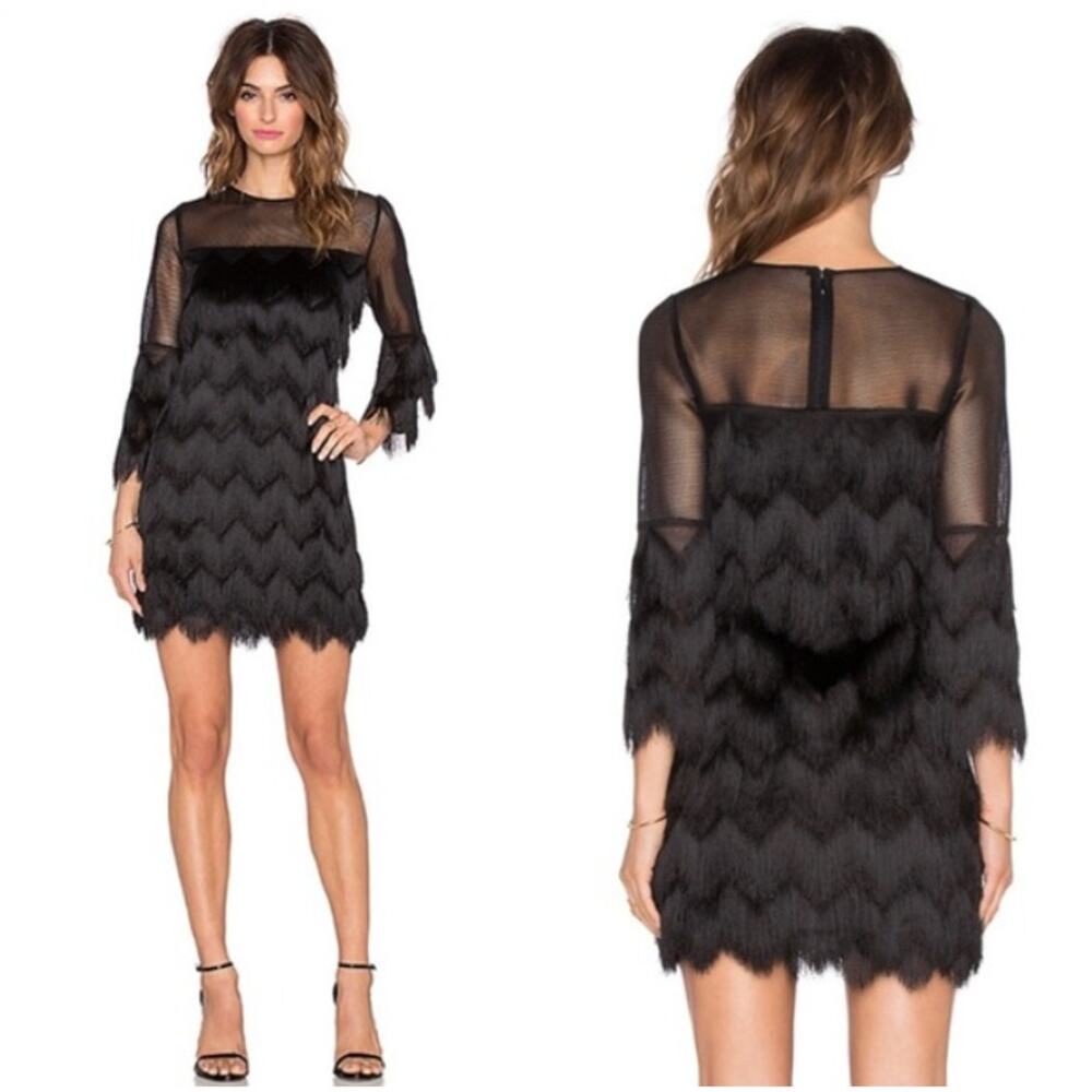 Alexis Black Fringe Mini Dress Women's Size S Whimsigoth Mesh Sleeve Cocktail